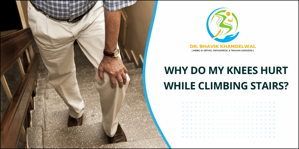 A man is struggling to climb stairs due to knee pain